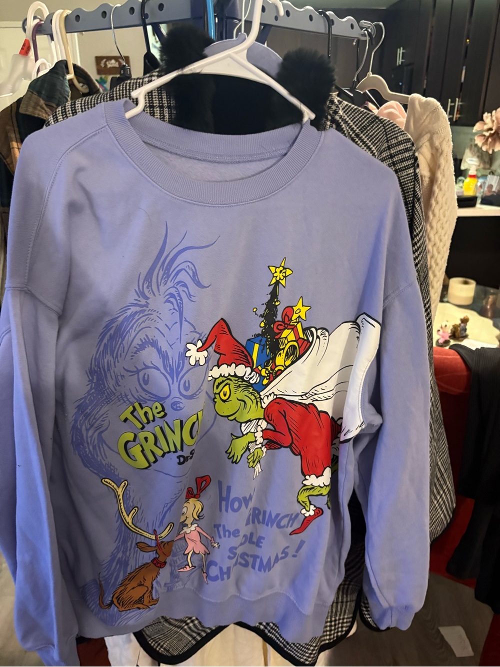 Dr. Seuss Lavender The Grinch Holiday Sweatshirt with Red & Green Graphics